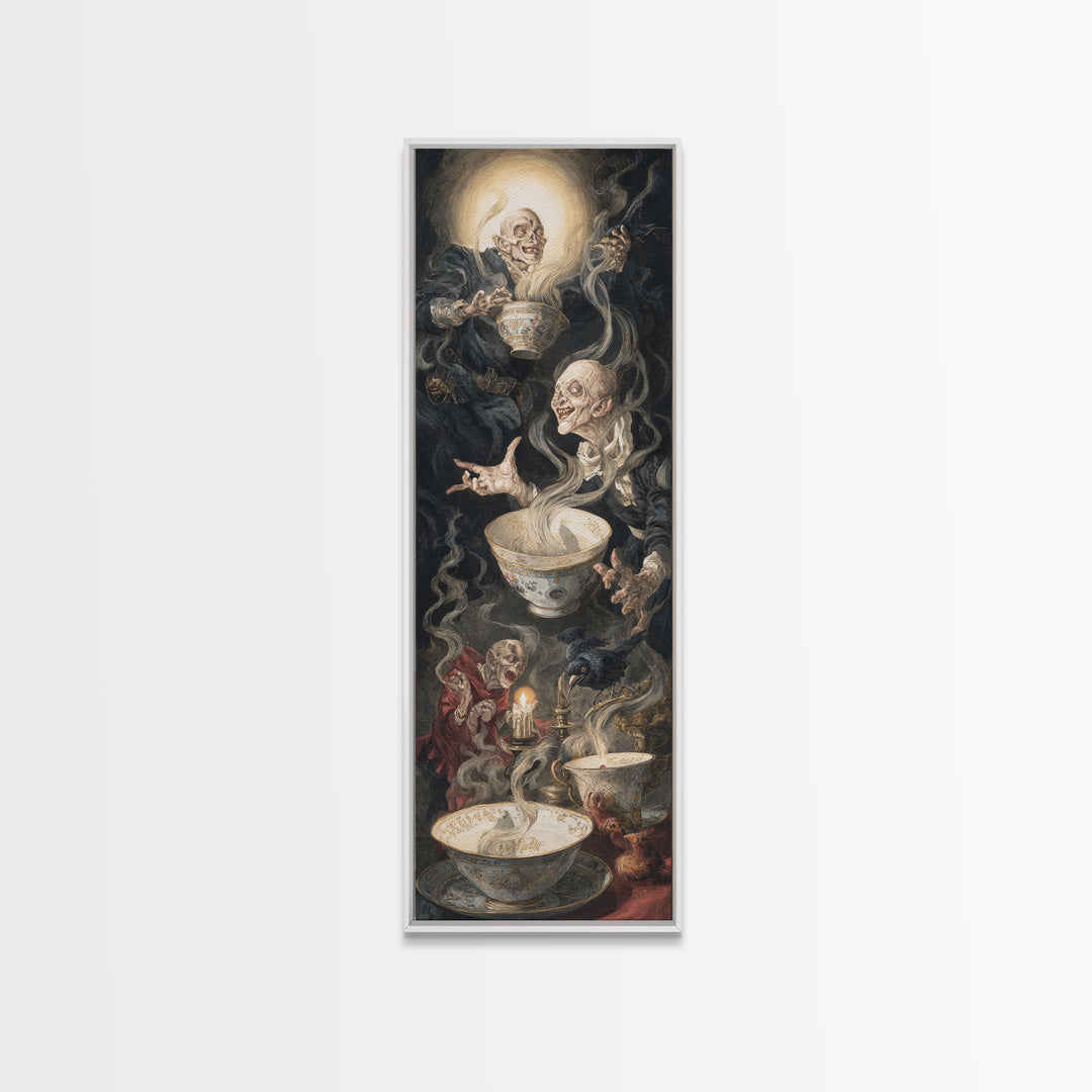 Tiny Ghosts In Teacups, Dark Renaissance Art, Tall Narrow Wall Art, Dark Halloween Decor, Framed Canvas Print, Halloween Wall Art