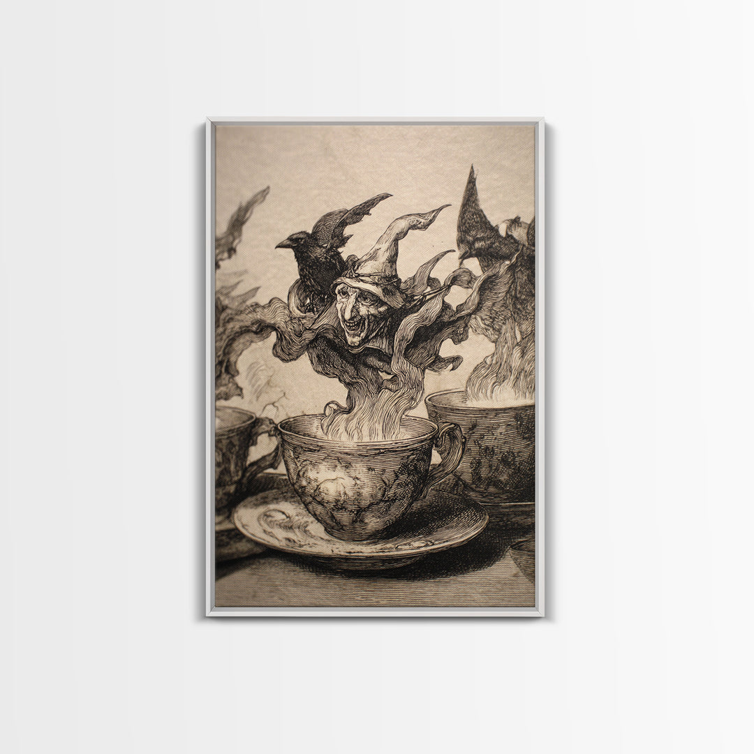 Tiny Ghosts In Teacups, Renaissance Engraving Art, Vertical Wall Art, Dark Fantasy Wall Art, Canvas Print, Halloween Wall Art