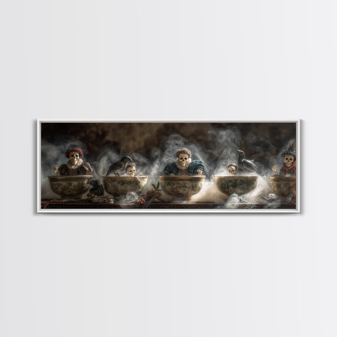 Tiny Ghosts In Teacups, Danse Macabre Art, Extra Wide Wall Art, Dark Fantasy Wall Art, Framed Canvas Print