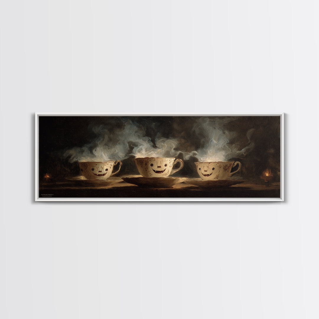 Tiny Ghosts In Teacups, Dark Romantic Horror Art, Extra Wide Wall Art, Macabre Wall Art, Canvas Print, Halloween Wall Art
