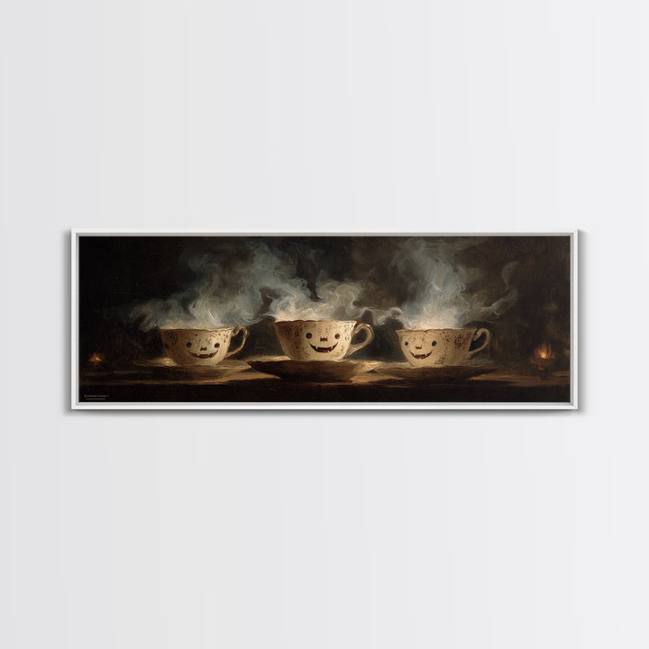Tiny Ghosts In Teacups, Dark Romantic Horror Art, Extra Wide Wall Art, Macabre Wall Art, Canvas Print, Halloween Wall Art