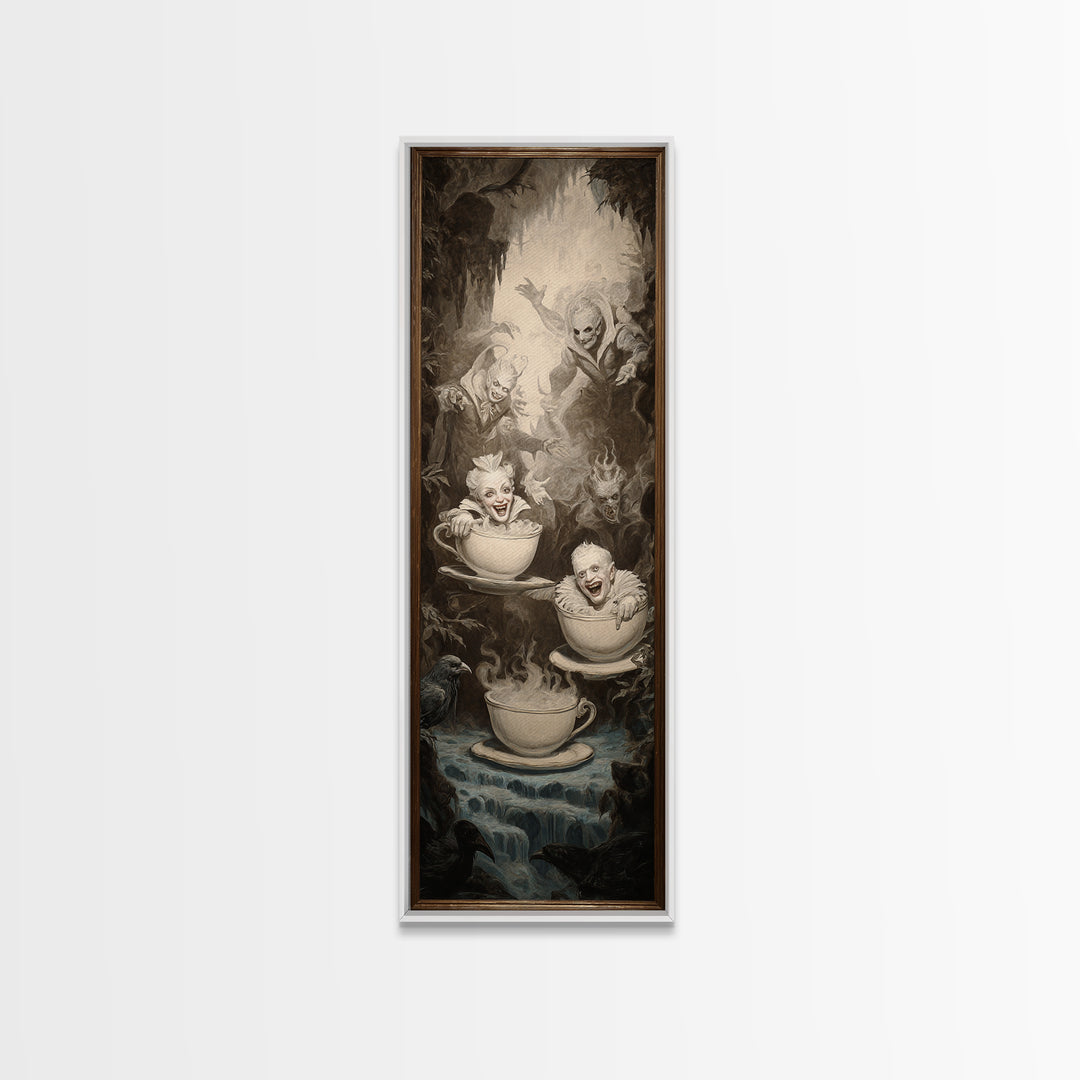 Tiny Ghosts In Teacups, Gothic Nightmare Art, Tall Narrow Wall Art, Macabre Wall Art, Framed Canvas Print, Halloween Wall Art