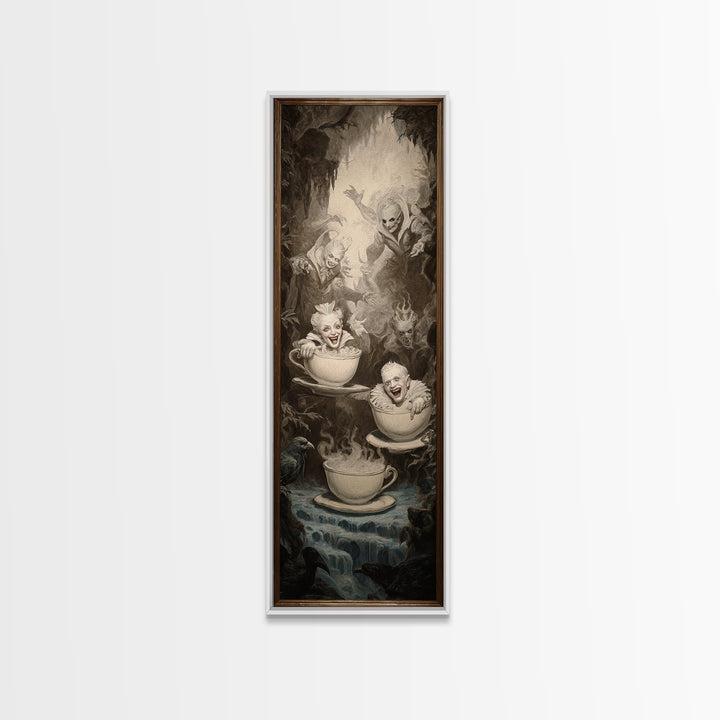 Tiny Ghosts In Teacups, Gothic Nightmare Art, Tall Narrow Wall Art, Macabre Wall Art, Framed Canvas Print, Halloween Wall Art