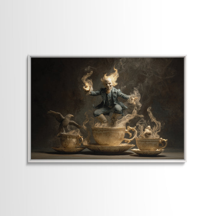 Tiny Ghosts In Teacups, Visionary Gothic Art, Landscape Wall Art, Dark Halloween Decor, Framed Canvas Print, Halloween Wall Art