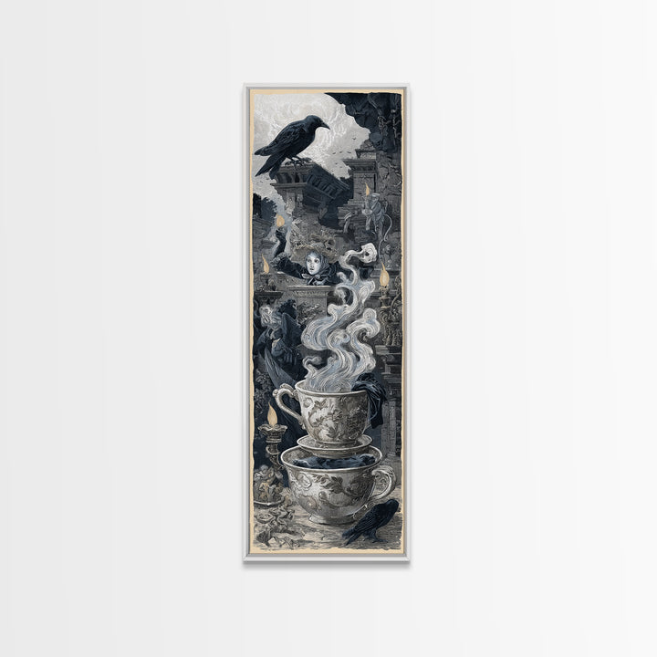 Tiny Ghosts In Teacups, Architectural Etching Art, Tall Narrow Wall Art, Dark Fantasy Wall Art, Framed Canvas Print