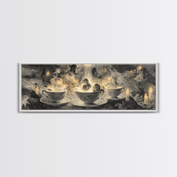 Tiny Ghosts In Teacups, Apocalyptic Romantic Art, Extra Wide Wall Art, Macabre Wall Art, Canvas Print, Halloween Wall Art, Dark Fantasy Art