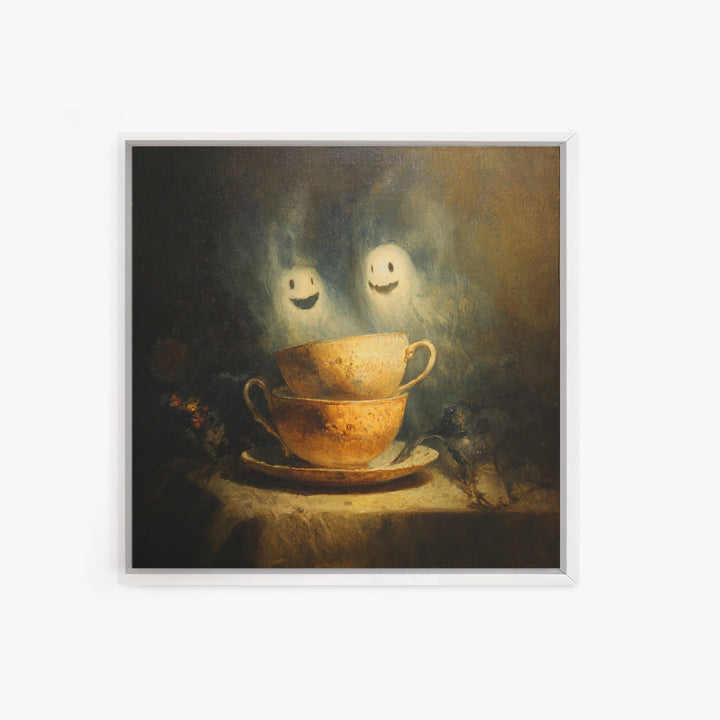 Tiny Ghosts In Teacups, Symbolist Dream Art, Square Wall Art, Dark Halloween Decor, Canvas Print, Halloween Wall Art
