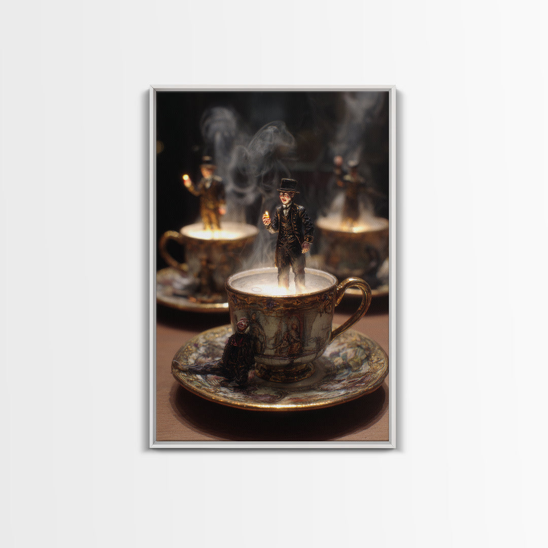 Tiny Ghosts In Teacups, Ornate Symbolist Art, Vertical Wall Art, Dark Fantasy Wall Art, Framed Canvas Print, Halloween Wall Art