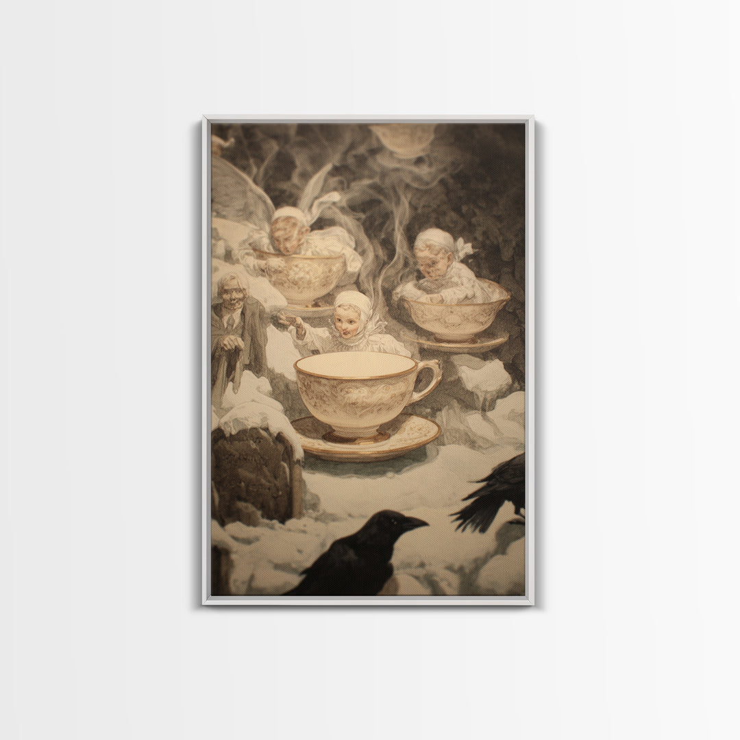 Tiny Ghosts In Teacups, Symbolist Death Art, Vertical Wall Art, Dark Fantasy Wall Art, Canvas Print, Halloween Wall Art