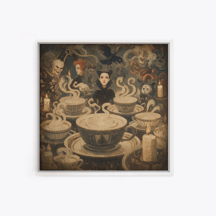 Tiny Ghosts In Teacups, Dark Symbolist Art, Square Wall Art, Gothic Horror Wall Art, Framed Canvas Print, Halloween Wall Art