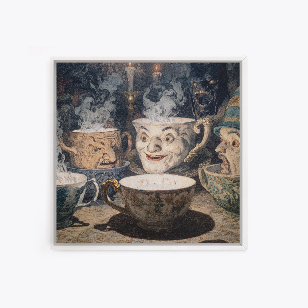 Tiny Ghosts In Teacups, Symbolist Etching Art, Square Wall Art, Dark Fantasy Wall Art, Framed Canvas Print, Halloween Wall Art