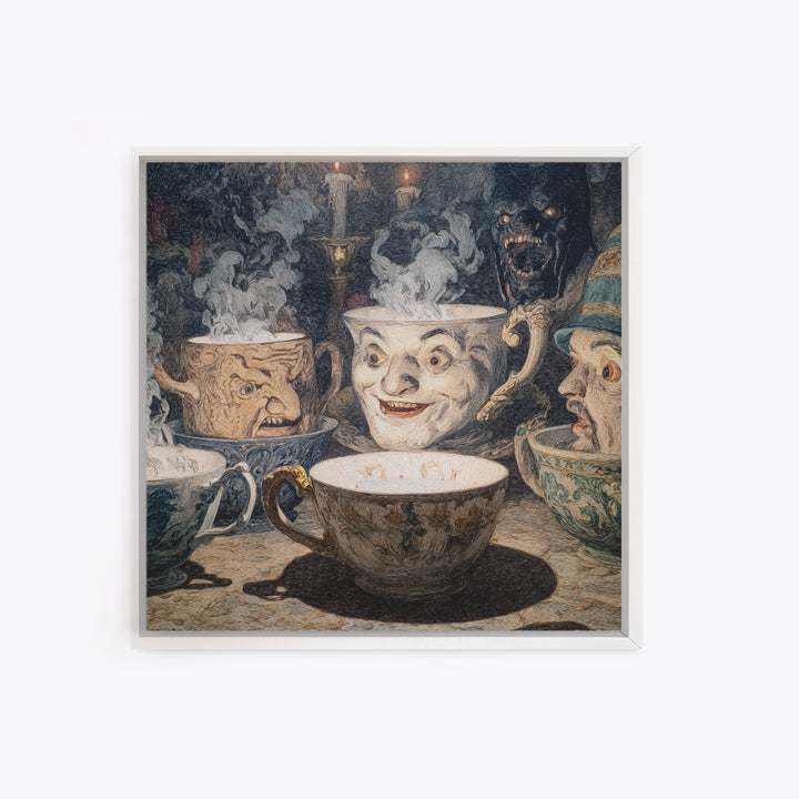 Tiny Ghosts In Teacups, Symbolist Etching Art, Square Wall Art, Dark Fantasy Wall Art, Framed Canvas Print, Halloween Wall Art