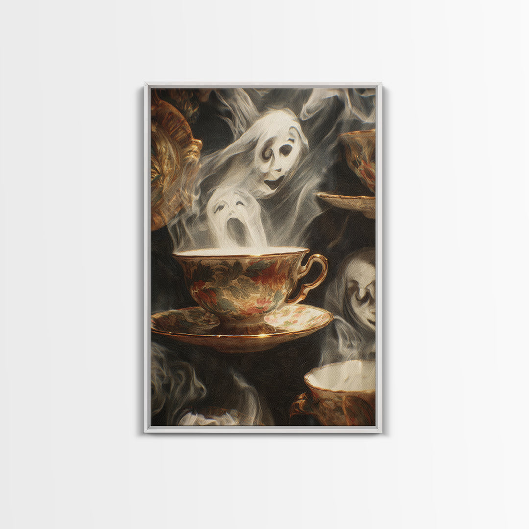 Tiny Ghosts In Teacups, Expressionist Gothic Art, Vertical Wall Art, Dark Fantasy Wall Art, Framed Canvas Print, Halloween Wall Art
