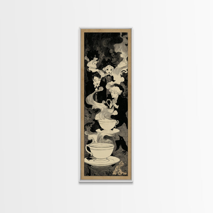 Tiny Ghosts In Teacups, Decadent Line Art, Tall Narrow Wall Art, Macabre Wall Art, Framed Canvas Print, Halloween Wall Art