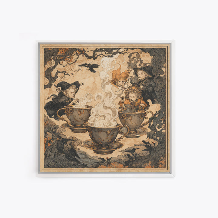 Tiny Ghosts In Teacups, Gothic Storybook Art, Square Wall Art, Macabre Wall Art, Framed Canvas Print, Halloween Wall Art