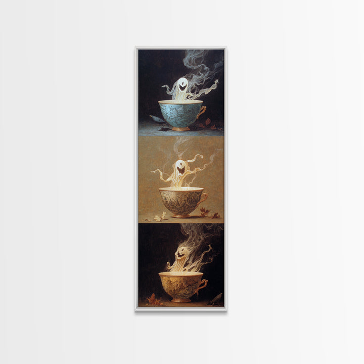 Tiny Ghosts In Teacups, Surreal Apocalyptic Art, Tall Narrow Wall Art, Macabre Wall Art, Canvas Print, Halloween Wall Art