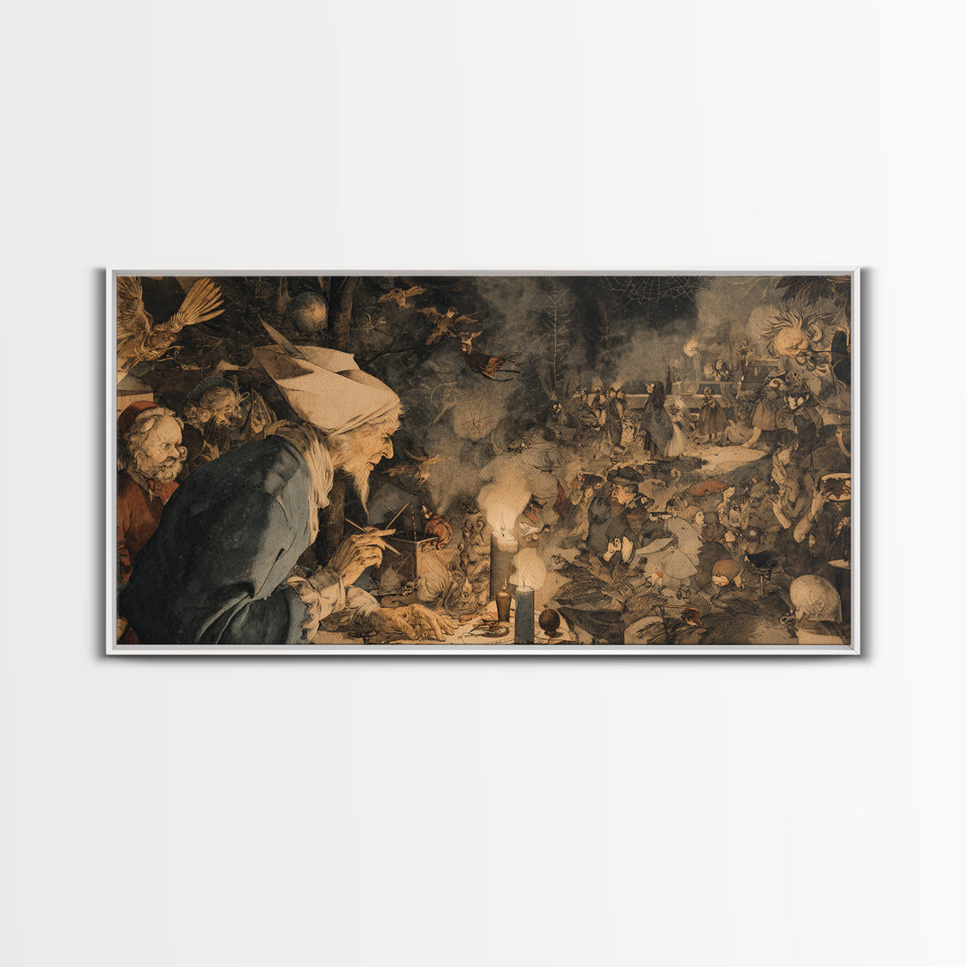 The Spider Sewing Circle, Northern Renaissance Horror, Wide Panoramic Art, Gothic Horror Wall Art, Framed Canvas Print