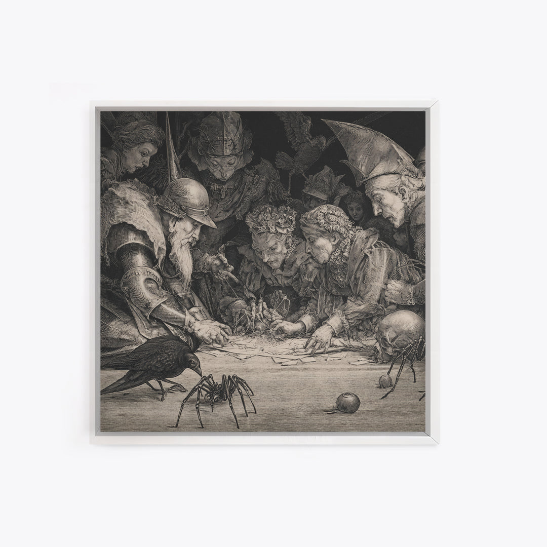 The Spider Sewing Circle, Renaissance Engraving Art, Square Wall Art, Macabre Wall Art, Framed Canvas Print, Halloween Wall Art