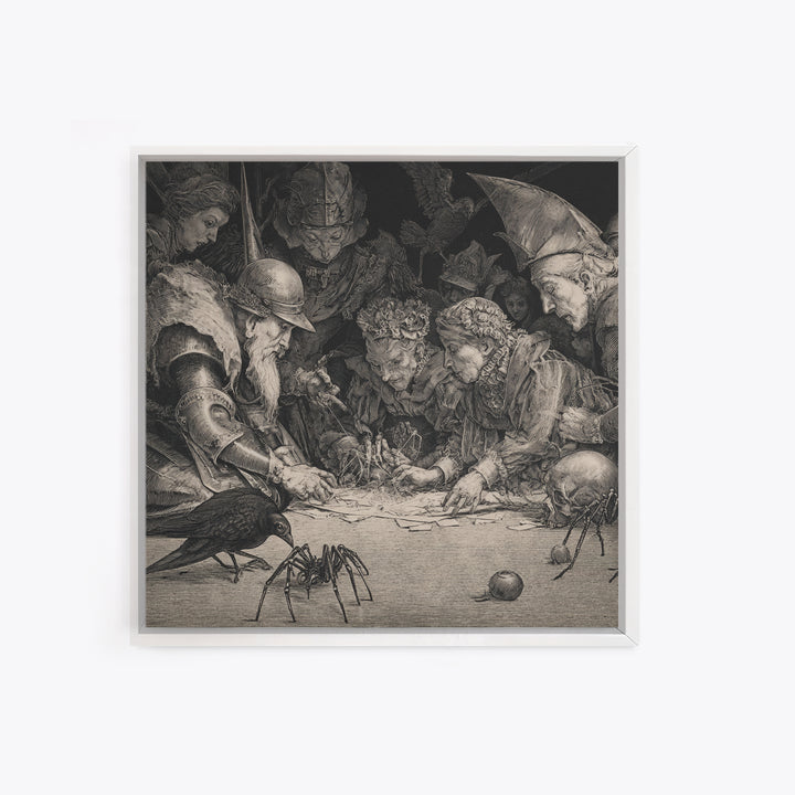 The Spider Sewing Circle, Renaissance Engraving Art, Square Wall Art, Macabre Wall Art, Framed Canvas Print, Halloween Wall Art