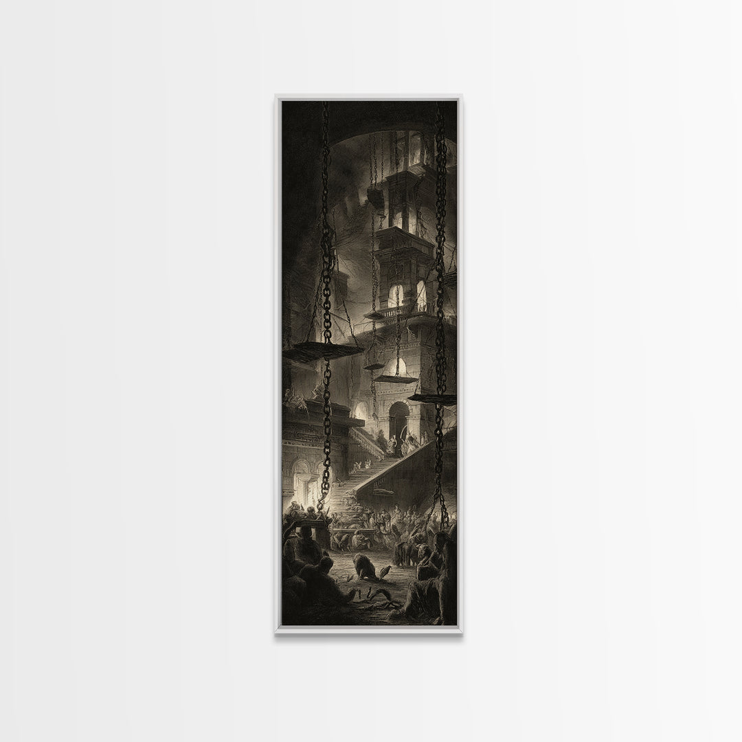 The Spider Sewing Circle, Architectural Etching Art, Tall Narrow Wall Art, Dark Halloween Decor, Canvas Print