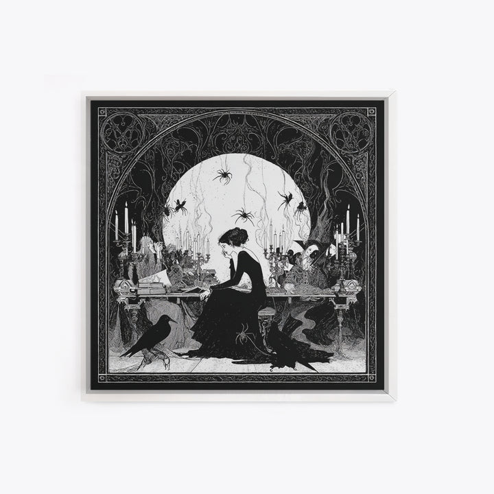 The Spider Sewing Circle, Decadent Line Art, Square Wall Art, Macabre Wall Art, Framed Canvas Print, Halloween Wall Art