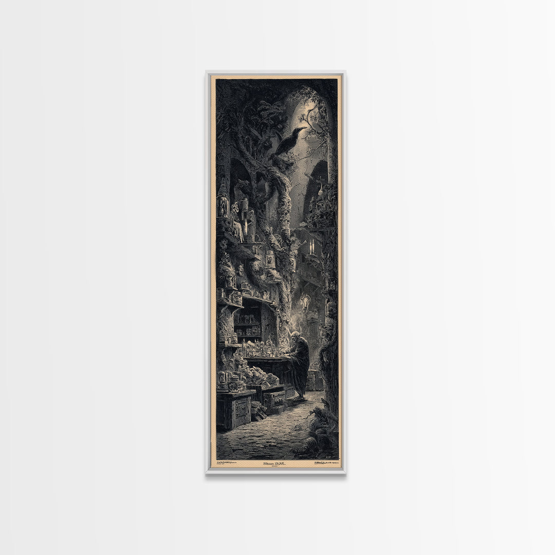 The Goblin Candy Shop, Gothic Engraving Art, Tall Narrow Wall Art, Dark Fantasy Wall Art, Framed Canvas Print, Halloween Wall Art