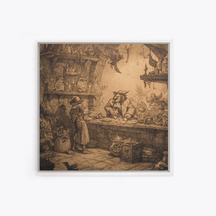 The Goblin Candy Shop, Renaissance Engraving Art, Square Wall Art, Dark Fantasy Wall Art, Framed Canvas Print, Halloween Wall Art