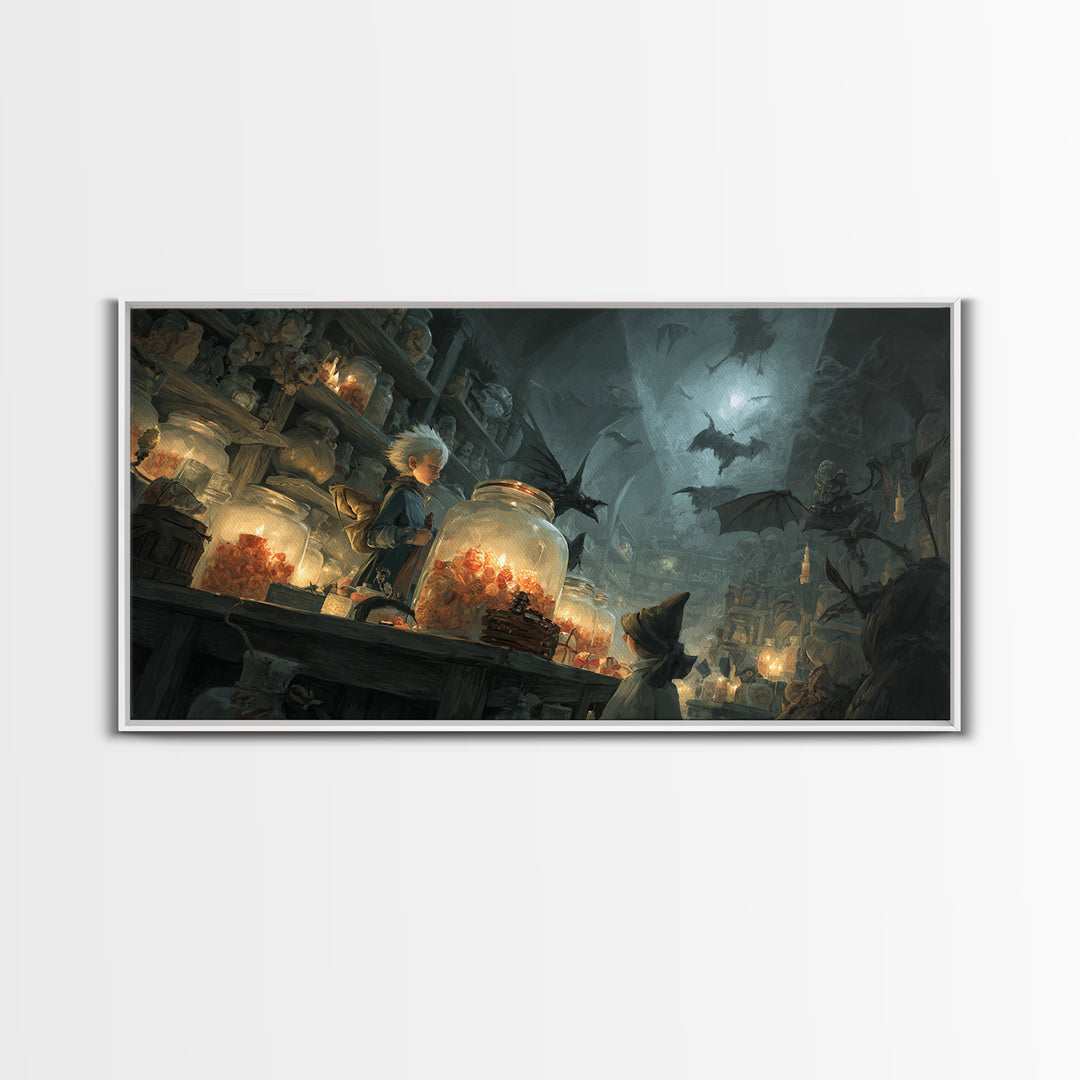 The Goblin Candy Shop, Visionary Gothic Art, Wide Panoramic Art, Dark Halloween Decor, Canvas Print, Halloween Wall Art