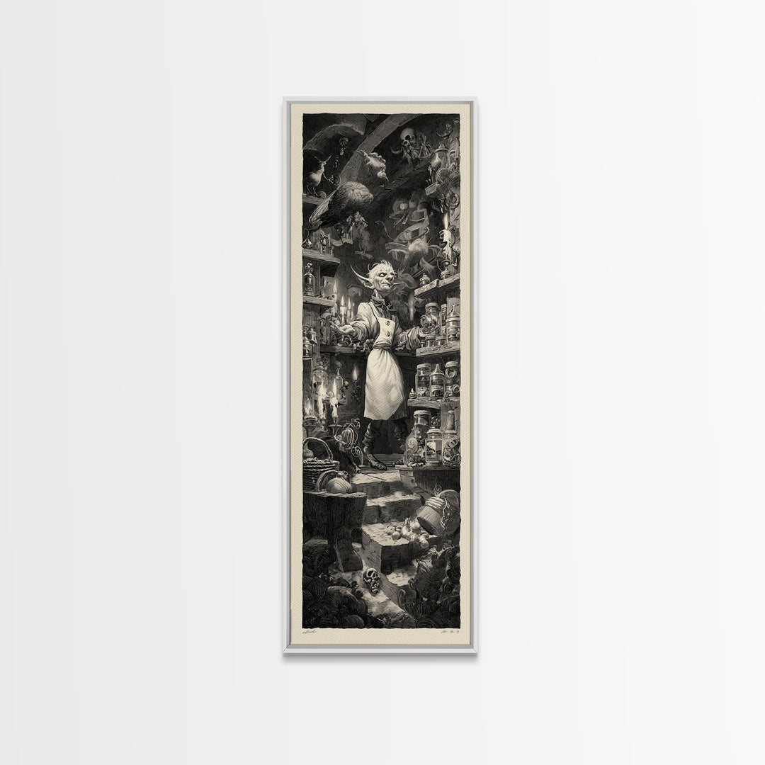 The Goblin Candy Shop, Architectural Etching Art, Tall Narrow Wall Art, Dark Halloween Decor, Canvas Print, Halloween Wall Art