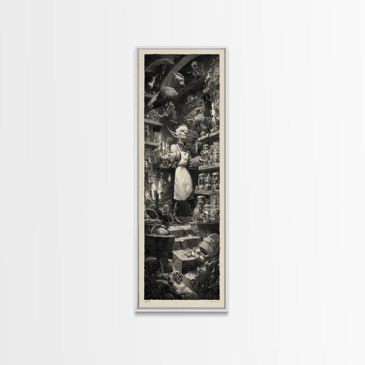 The Goblin Candy Shop, Architectural Etching Art, Tall Narrow Wall Art, Dark Halloween Decor, Canvas Print, Halloween Wall Art