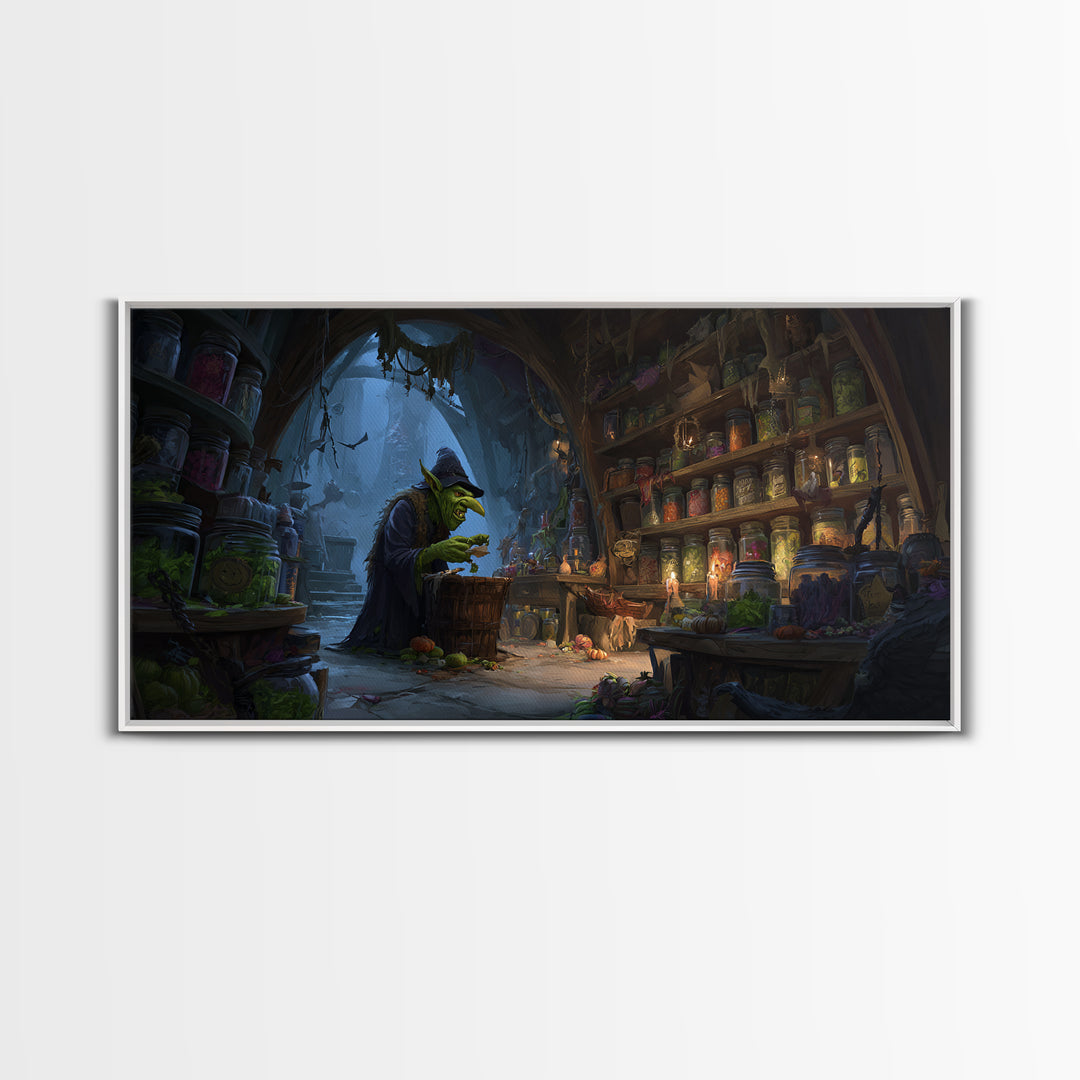 The Goblin Candy Shop, Apocalyptic Romantic Art, Wide Panoramic Art, Gothic Horror Wall Art, Framed Canvas Print, Halloween Wall Art