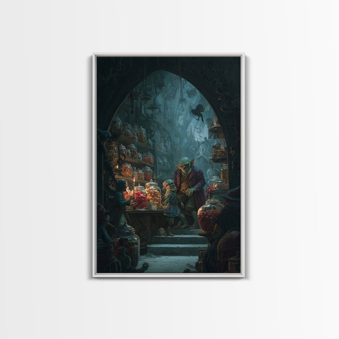 The Goblin Candy Shop, Dark Symbolist Art, Vertical Wall Art, Dark Halloween Decor, Canvas Print, Halloween Wall Art