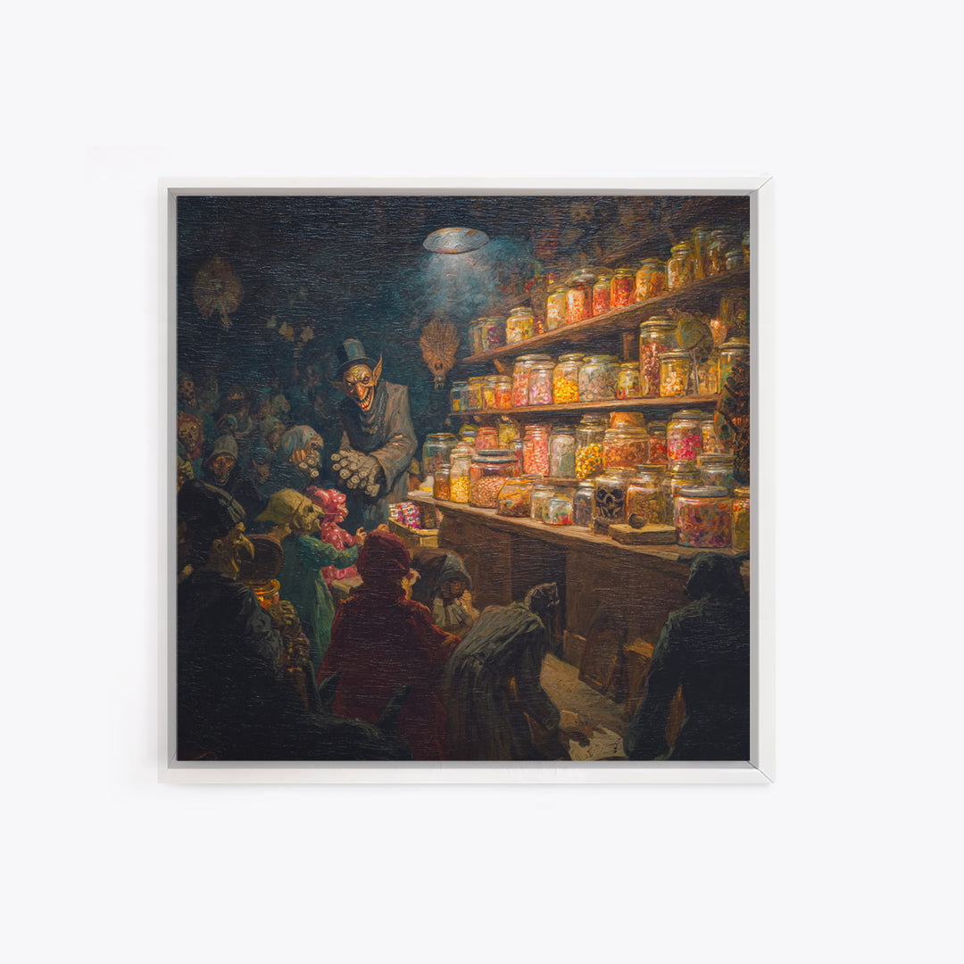 The Goblin Candy Shop, Grotesque Carnival Art, Square Wall Art, Dark Halloween Decor, Canvas Print, Halloween Wall Art