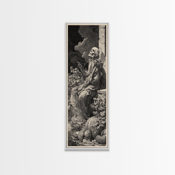 The Skeleton Gardeners, Gothic Engraving Art, Tall Narrow Wall Art, Dark Halloween Decor, Framed Canvas Print, Halloween Wall Art