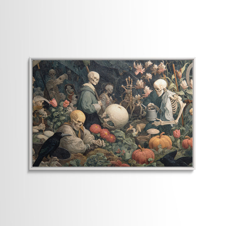 The Skeleton Gardeners, Medieval Grotesque Art, Landscape Wall Art, Dark Fantasy Wall Art, Canvas Print, Halloween Wall Art