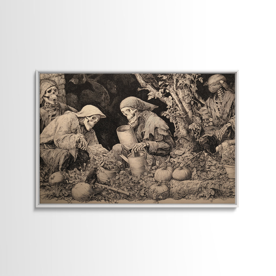 The Skeleton Gardeners, Renaissance Engraving Art, Landscape Wall Art, Dark Fantasy Wall Art, Canvas Print, Halloween Wall Art