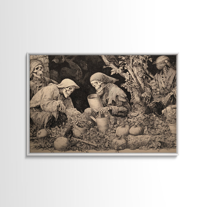 The Skeleton Gardeners, Renaissance Engraving Art, Landscape Wall Art, Dark Fantasy Wall Art, Canvas Print, Halloween Wall Art