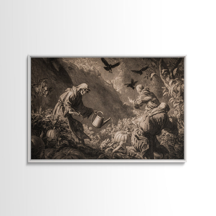 The Skeleton Gardeners, Baroque Witchcraft Art, Landscape Wall Art, Dark Fantasy Wall Art, Canvas Print, Halloween Wall Art