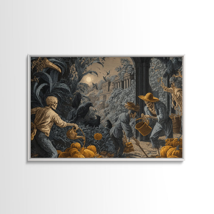 The Skeleton Gardeners, Architectural Etching Art, Landscape Wall Art, Dark Halloween Decor, Canvas Print, Halloween Wall Art