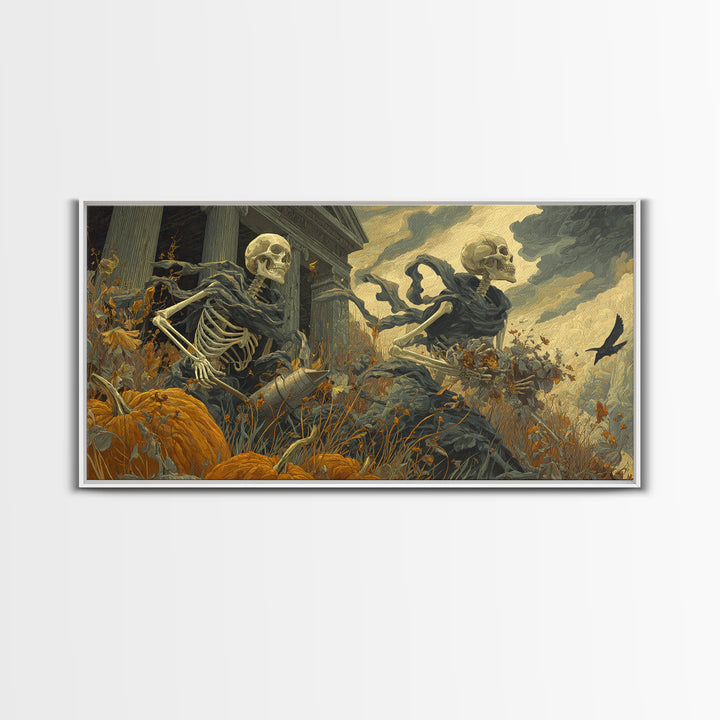 The Skeleton Gardeners, Apocalyptic Romantic Art, Wide Panoramic Art, Gothic Horror Wall Art, Framed Canvas Print, Halloween Wall Art