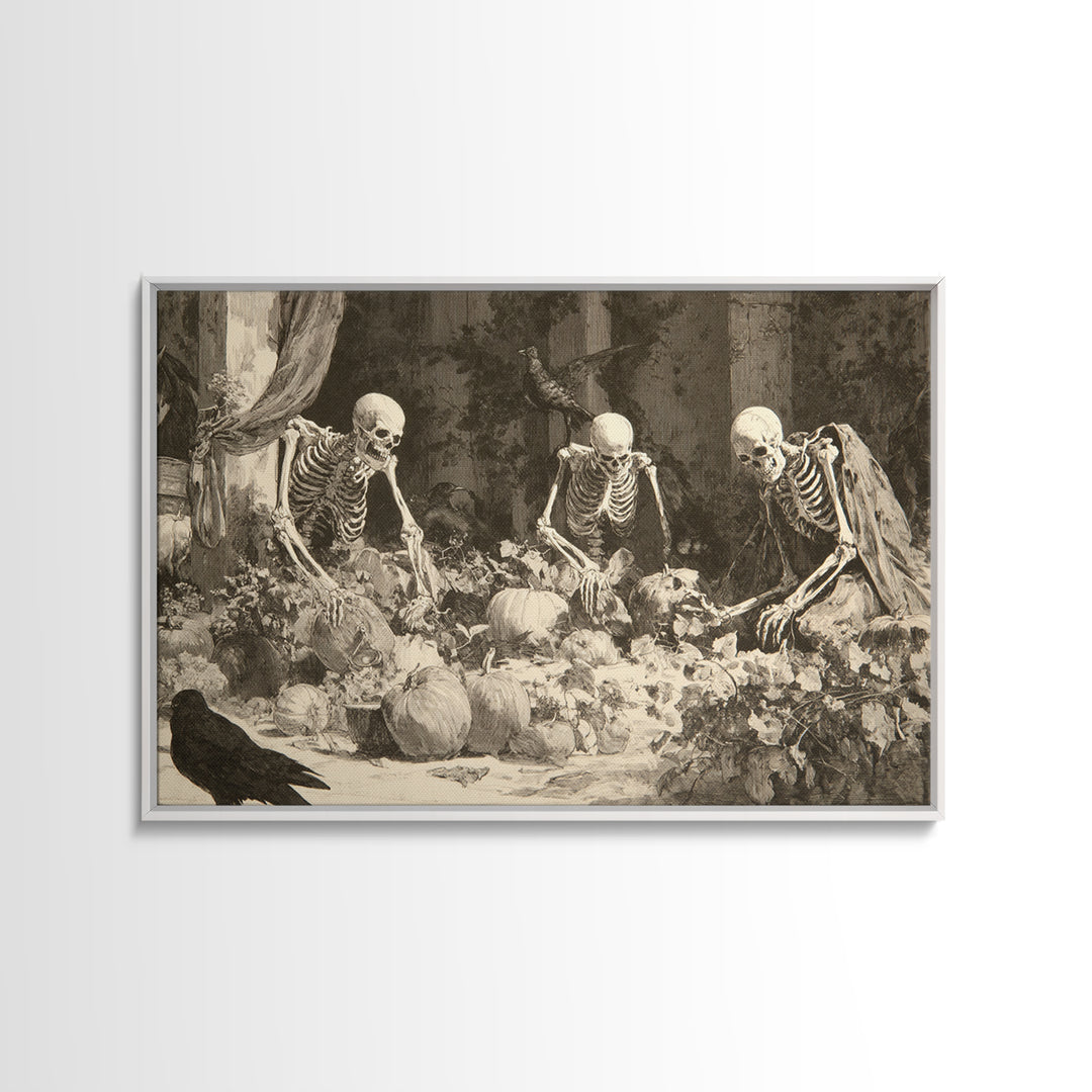 The Skeleton Gardeners, Decadent Gothic Art, Landscape Wall Art, Gothic Horror Wall Art, Framed Canvas Print, Halloween Wall Art