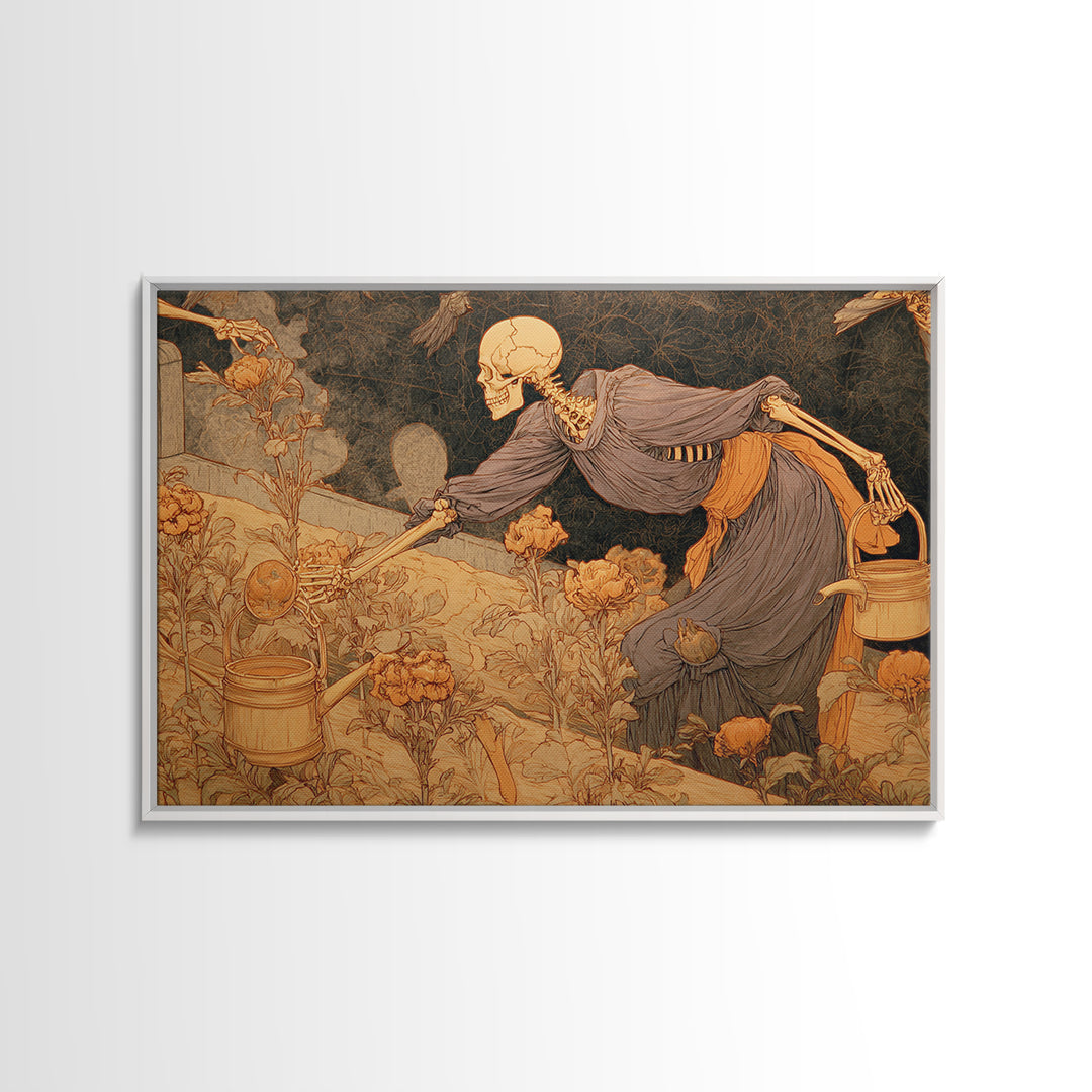 The Skeleton Gardeners, Symbolist Death Art, Landscape Wall Art, Dark Halloween Decor, Framed Canvas Print, Halloween Wall Art