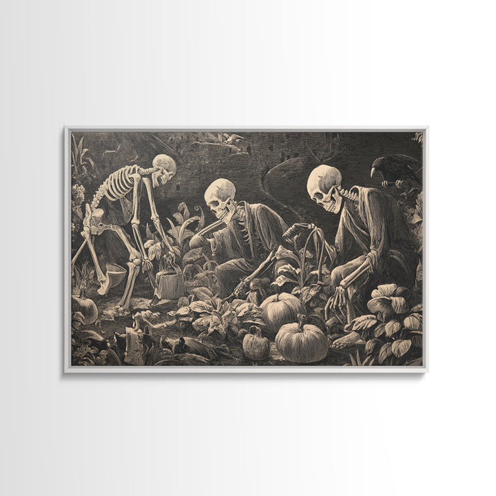 The Skeleton Gardeners, Symbolist Etching Art, Landscape Wall Art, Gothic Horror Wall Art, Framed Canvas Print, Halloween Wall Art