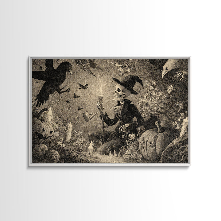 The Skeleton Gardeners, Expressionist Nightmare Art, Landscape Wall Art, Dark Fantasy Wall Art, Framed Canvas Print, Halloween Wall Art