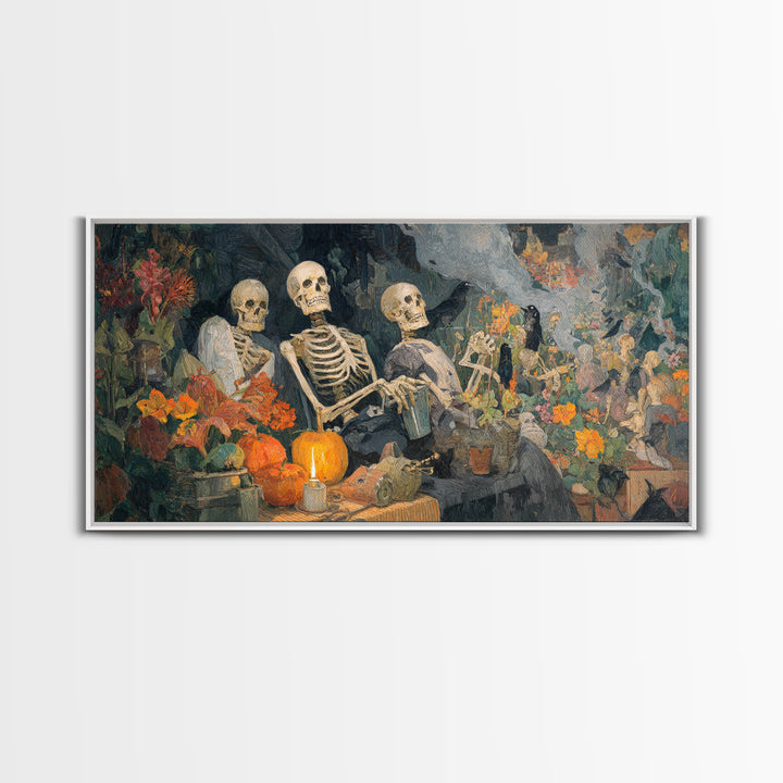 The Skeleton Gardeners, Grotesque Carnival Art, Wide Panoramic Art, Gothic Horror Wall Art, Framed Canvas Print, Halloween Wall Art