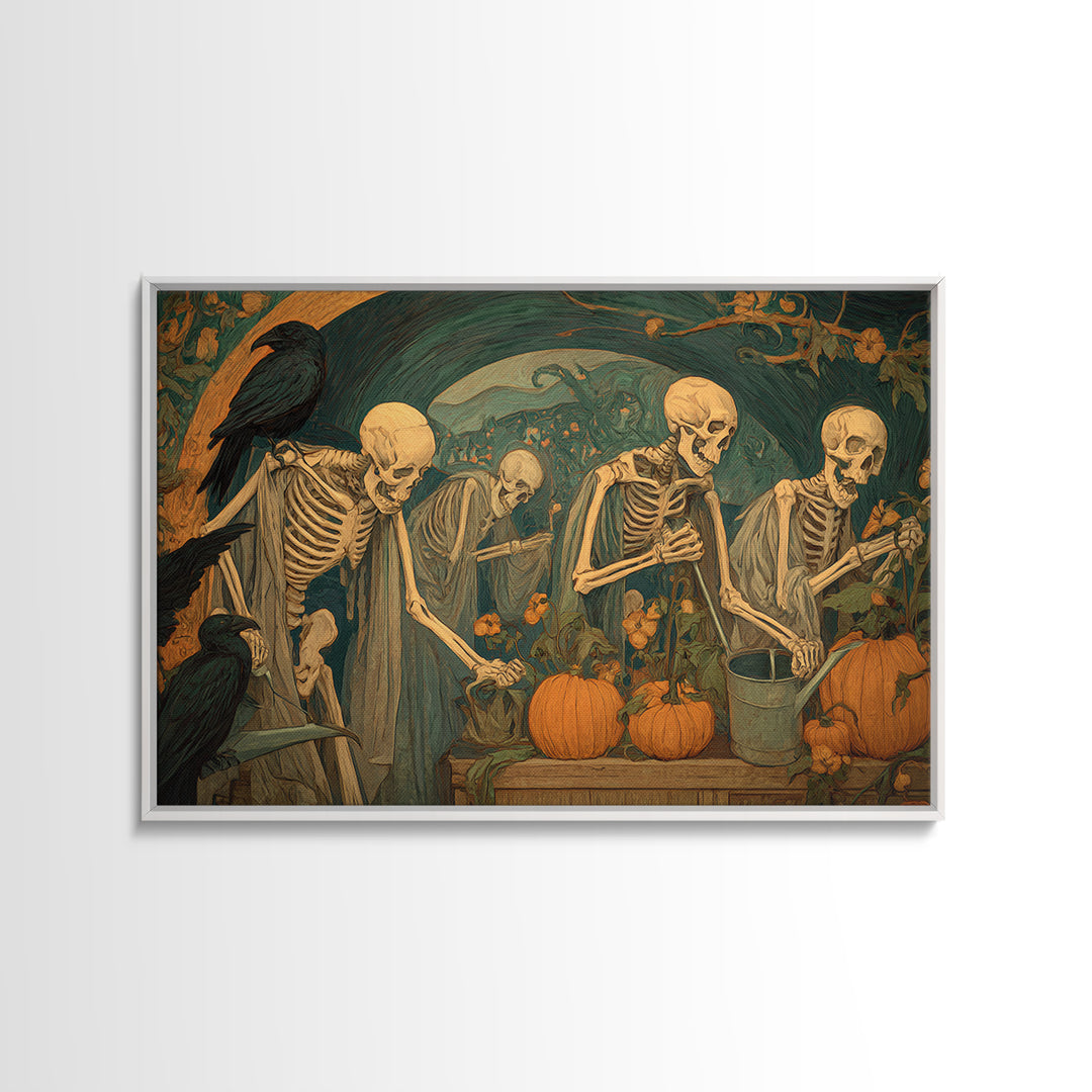 The Skeleton Gardeners, Expressionist Gothic Art, Landscape Wall Art, Dark Fantasy Wall Art, Framed Canvas Print, Halloween Wall Art