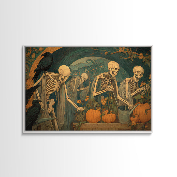 The Skeleton Gardeners, Expressionist Gothic Art, Landscape Wall Art, Dark Fantasy Wall Art, Framed Canvas Print, Halloween Wall Art