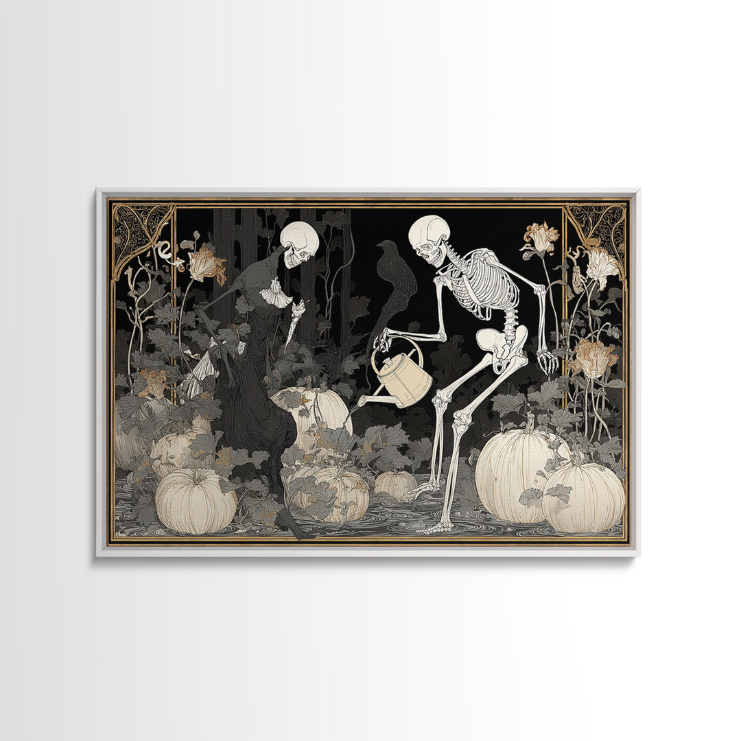 The Skeleton Gardeners, Decadent Line Art, Landscape Wall Art, Gothic Horror Wall Art, Framed Canvas Print, Halloween Wall Art