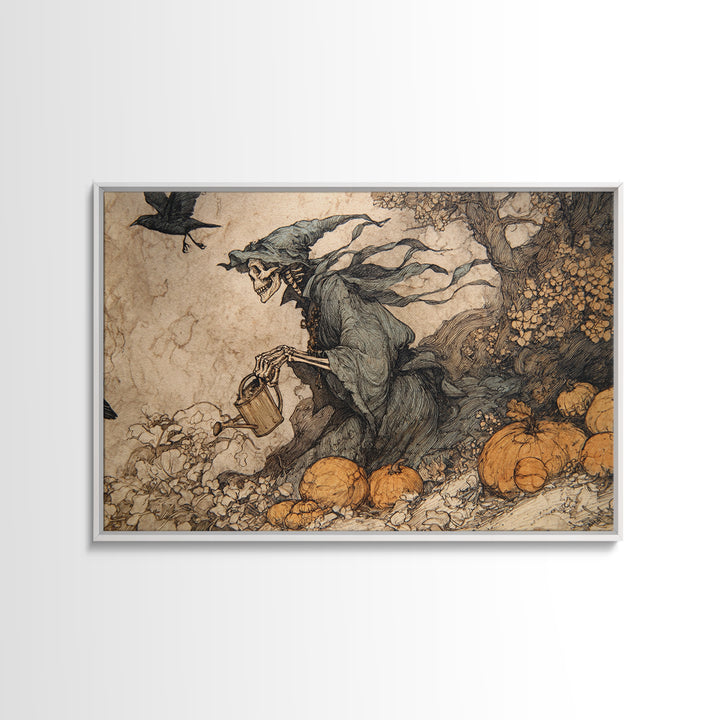 The Skeleton Gardeners, Gothic Storybook Art, Landscape Wall Art, Gothic Horror Wall Art, Canvas Print, Halloween Wall Art