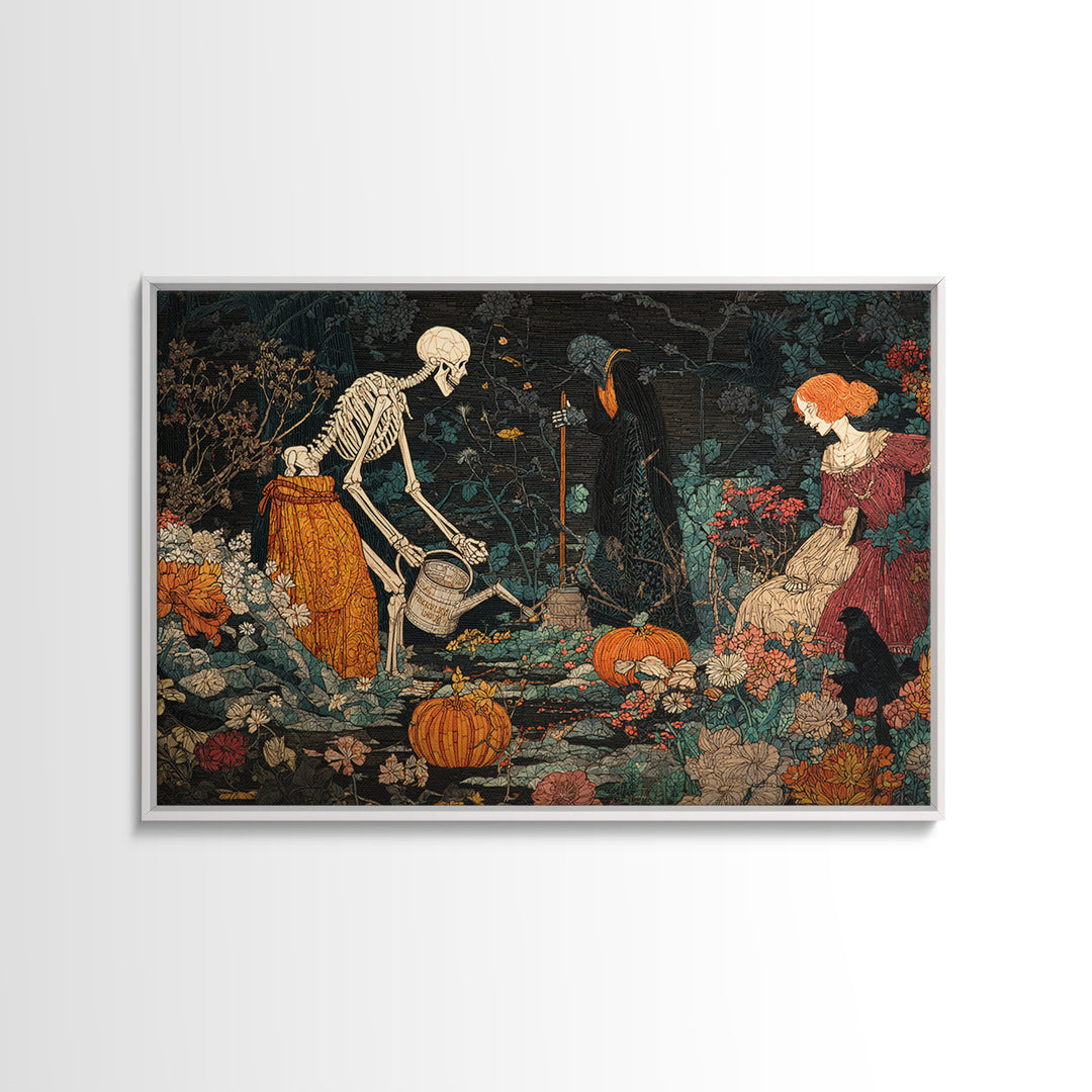 The Skeleton Gardeners, Stained Glass Gothic Art, Landscape Wall Art, Gothic Horror Wall Art, Canvas Print, Halloween Wall Art